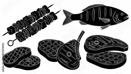 Assortment of grilled meats and fish for a delicious barbecue feast.