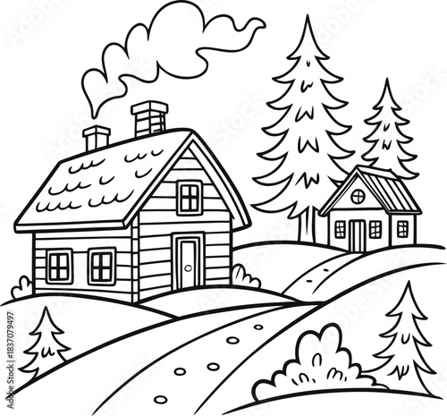 Simple line drawing of a cozy winter village with snow covered houses pine trees and chimney smoke for coloring book pages