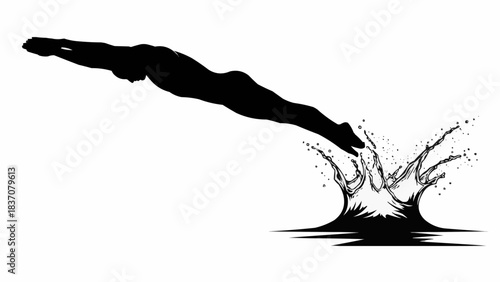Silhouette of a Diver Plunging into Water with Splash Effect.
