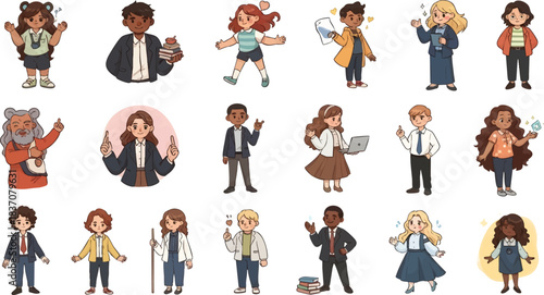 Large collection of diverse cartoon characters vector illustration set. Cute style professionals, students, and casual adults in various poses isolated on white