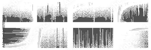 black and white glitch noise texture vector broken transmission set Glitch background. Abstract screen with noise effect. Glitchy noisy background texture with distorted screen pixel overlay effect.