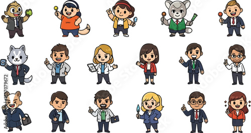 Large collection of diverse chibi cartoon characters vector illustration set. Cute business professionals, doctors, and animal characters in various poses for concepts