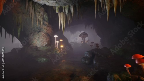 Enchanting Cave with Bioluminescent Mushrooms and Stalactites.