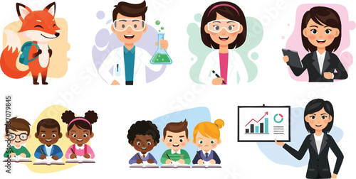 Diverse set of cartoon characters vector illustration: Science students, lab researchers, cute fox mascot, business professionals, and children in classroom