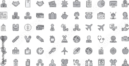 Large collection of business, finance, banking, healthcare, and global economy icons set vector illustration. Modern  line art icons for web and mobile use