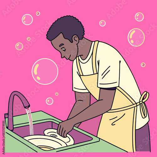 Young man wearing an apron washing dishes at the sink with soap bubbles in a bright modern illustration