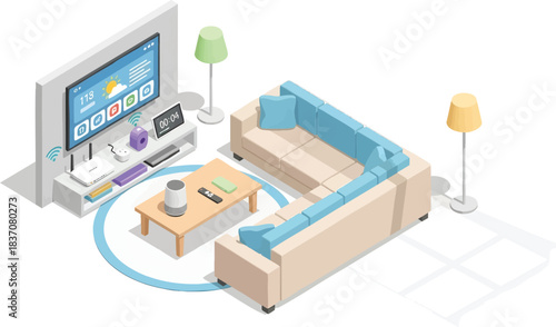 Isometric smart home living room interior with modern furniture, wireless technology, internet of things devices and home automation concept illustration
