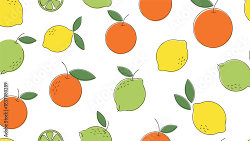 Seamless citrus fruit pattern. Minimalist flat line art illustration with whole lemons, oranges, and limes on white background for textile and kitchen decor