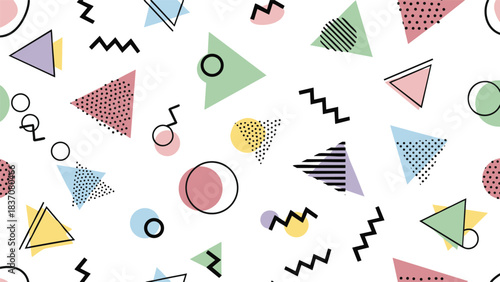 Seamless abstract geometric pattern with memphis design style, colorful triangles, circles and squiggles on white background for textile or wallpaper