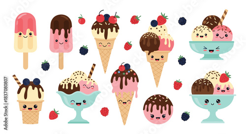 Large collection of adorable kawaii ice cream characters with cute smiling faces including cones sundaes and popsicles for summer.