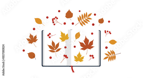 Open book with colorful autumn leaves and rowan berries flying from its pages representing the magic of reading and learning.
