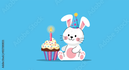 Adorable white bunny rabbit wearing a party hat celebrates a birthday with a delicious cupcake and a single lit candle.
