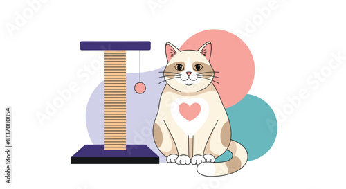 Charming illustration of a cute cat with a heart on its chest sitting proudly next to a scratching post with abstract circles.