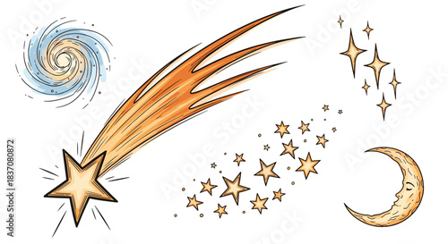 A celestial collection of hand-drawn doodle style illustrations including a shooting star moon galaxy and constellations for magic.