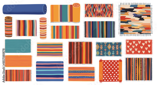 Colorful collection of various bohemian style rugs and mats in different patterns and sizes both flat and rolled for home decor.