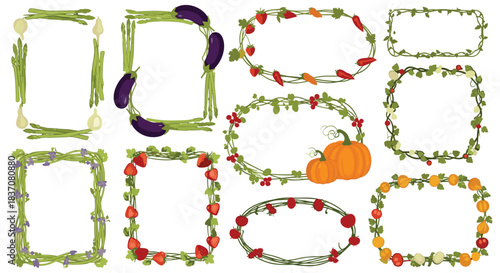 A beautiful set of decorative frames and borders made from fresh vegetables fruits and berries perfect for natural designs.