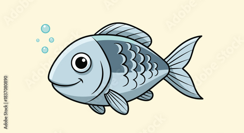 A happy and cute cartoon fish with big eyes smiling and blowing bubbles in the water isolated on a light yellow background.