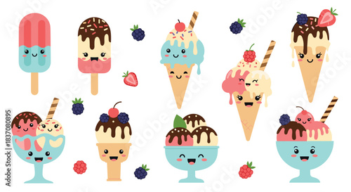 A sweet collection of cute kawaii ice cream characters including cones sundaes and popsicles with happy smiling faces.