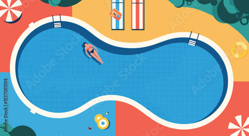 Top down aerial view of a woman relaxing and floating on an inner tube in a uniquely shaped swimming pool during summer.