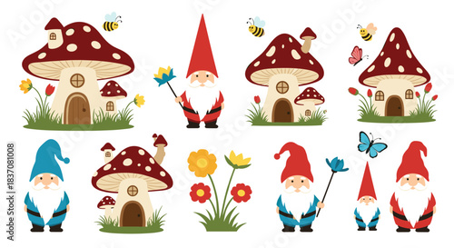 A magical collection of cute garden gnomes with mushroom houses colorful flowers and flying bees perfect for fairytale designs.