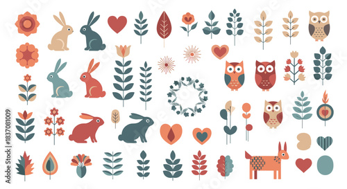A large collection of charming folk art style illustrations with rabbits owls flowers and leaves in a rustic color palette.