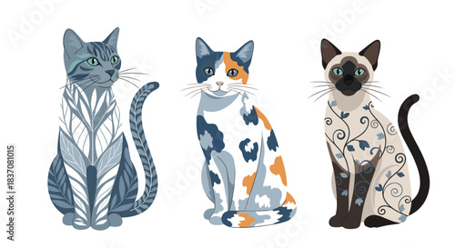 A beautiful illustration of three stylized cats a tabby calico and siamese decorated with elegant floral and folk art patterns.