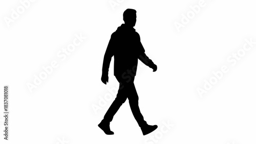 Black silhouette of a single man walking forward isolated on white.