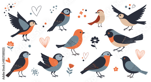 A charming collection of stylized birds in flight and perched surrounded by hand-drawn hearts and flowers for romantic designs.
