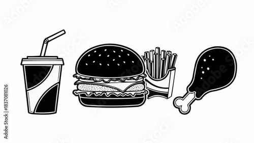 Monochrome Fast Food Icons - Soda, Burger, Fries, and Chicken Leg.
