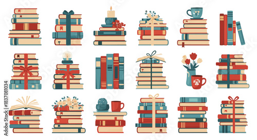 A large collection of stacked books in various arrangements with some decorated as gifts or with cups flowers and candles.