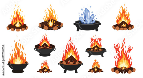 A diverse collection of cartoon campfires including traditional bonfires magical crystal fires and flames in metal fire pits.