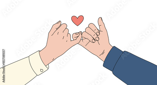 Two hands are linked together in a pinky promise or pinky swear gesture with a small red heart floating above them.