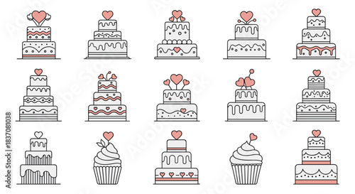 A lovely collection of wedding and celebration cake icons with heart decorations in a pink and grey line art outline style.