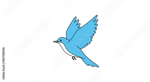 A simple and graceful cartoon illustration of a pretty blue bird flying with its wings spread wide against a white background.