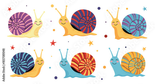 A cute collection of six smiling cartoon snails with brightly colored and patterned shells crawling happily among little stars.