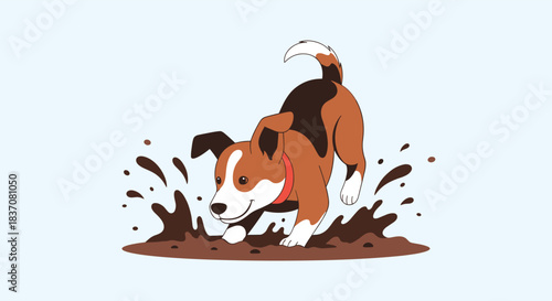 A playful and happy beagle puppy cartoon character is shown joyfully splashing and playing in a big brown mud puddle.