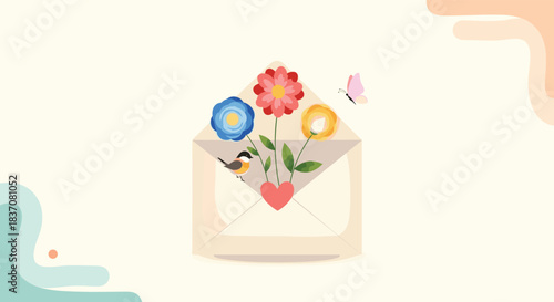 A whimsical illustration of an open envelope with colorful flowers a bird and a butterfly emerging as a symbol of good news.