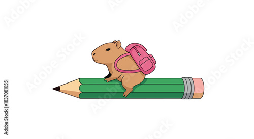 A cute and funny cartoon capybara character with a pink backpack goes back to school by riding on a giant green pencil.