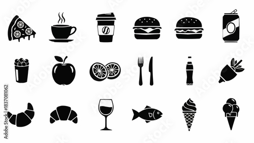 Collection of Food and Drink Icons Representing Various Meals and Beverages.