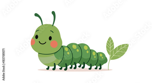 Adorable smiling green cartoon caterpillar character with cute rosy cheeks standing next to a leaf isolated on a white background.
