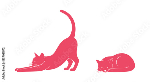 Two elegant pink cat silhouettes in stretching and sleeping poses create a minimalist and graceful design isolated on a clean white background.