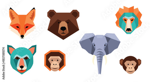 Modern set of geometric polygonal animal heads including a fox bear and lion in a low-poly style isolated on a white background.