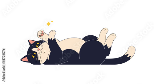 Playful black and white tuxedo cat with yellow eyes lies on its back in a cute and charming pose against a clean white background illustration.