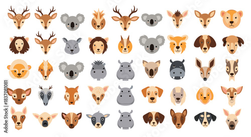 Large collection of diverse and adorable cartoon animal faces including forest wildlife and pets for avatars or icons on a white background.