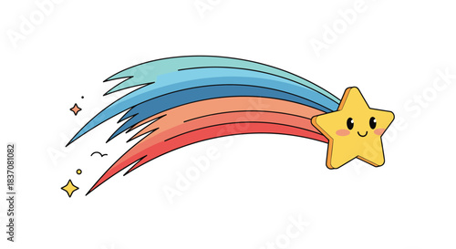 Adorable kawaii shooting star with a cute smiling face and a colorful rainbow tail flying through space with sparkles on a white background.