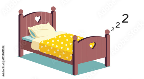 Cozy cartoon children's bed with a wooden frame heart cutouts and a yellow polka dot blanket ready for sleep on a white background.