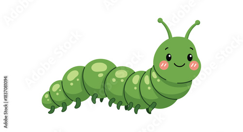 Adorable kawaii-style green caterpillar with a sweet smile and blushing cheeks crawling happily isolated on a white background.