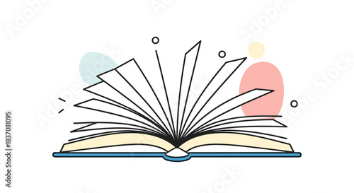 Minimalist line art illustration of an open book with fluttering pages and abstract shapes symbolizing knowledge and imagination.
