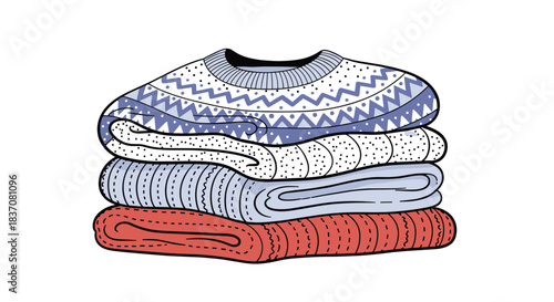 Hand-drawn illustration of a cozy stack of neatly folded warm winter sweaters with various patterns isolated on a white background.