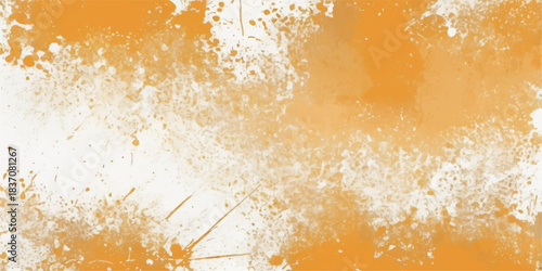 A vibrant orange and yellow water-color illustration with a gold paint texture creates a festive Christmas pattern on an old grunge wall backdrop featuring snowflakes and a brown border for decoration